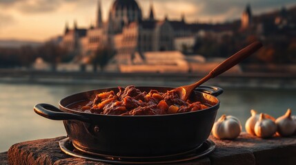 Goulash served with dumplings near Buda Castle at sunset