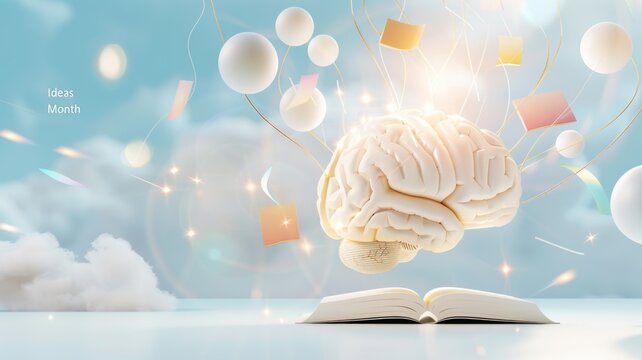 Creative ideas concept with brain and floating elements for innovation themes