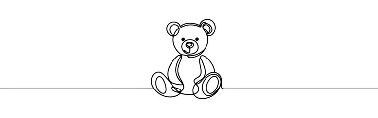 Teddy bear continuous one line drawing. Soft toy, in simple linear style. Birthday gift and greeting card. Vector illustration.