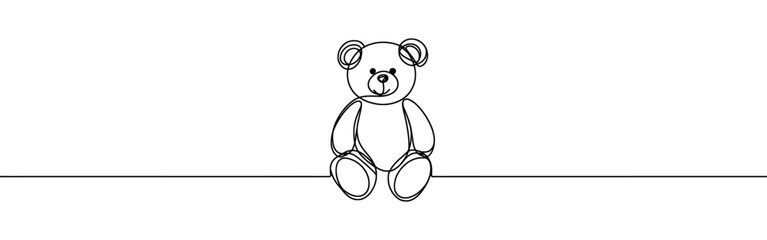 Teddy bear continuous one line drawing. Soft toy, in simple linear style. Birthday gift and greeting card. Vector illustration.