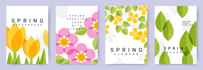 Spring set of cards or posters for the spring holiday with a minimal pattern of flowers and leaves. Abstract floral background for Mother's Day, Women's Day March 8, birthday, Easter