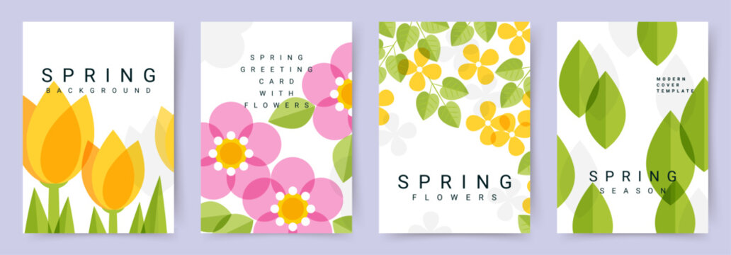 Spring set of cards or posters for the spring holiday with a minimal pattern of flowers and leaves. Abstract floral background for Mother's Day, Women's Day March 8, birthday, Easter