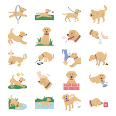 Fototapeta premium Dog activities icon set. dog walking, dog on a leash, linear icons, dog training illustrations for commercial use