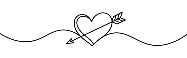 Heart pierced by an arrow. Continuous line love and arrows. Vector illustration.