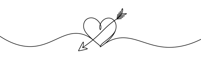 Heart pierced by an arrow. Continuous line love and arrows. Vector illustration.