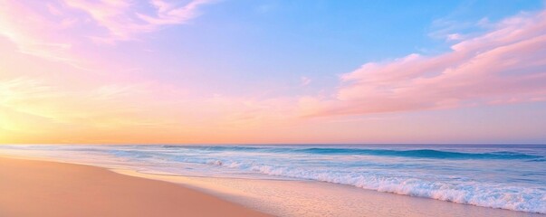 Fototapeta premium A serene beach scene at sunset, showcasing soft pastel colors in the sky reflecting on gentle waves, creating a tranquil atmosphere.