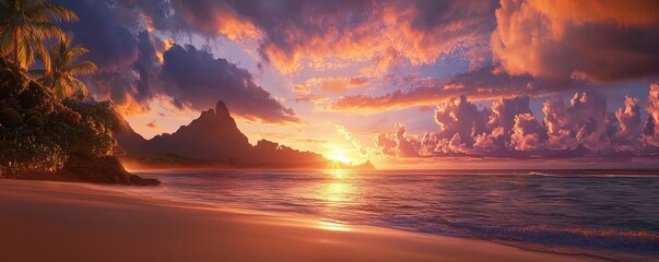 A serene beach scene at sunset, showcasing vibrant clouds, gentle waves, and a distant mountain silhouette.