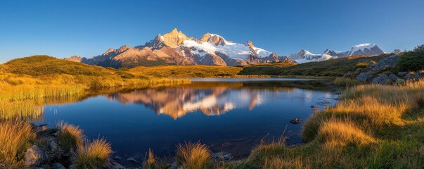 A stunning panoramic view of snow-capped mountains reflecting in a serene lake, surrounded by lush greenery under a clear blue sky.