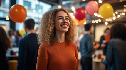 Smiling woman enjoying lively office party with balloons and colleagues