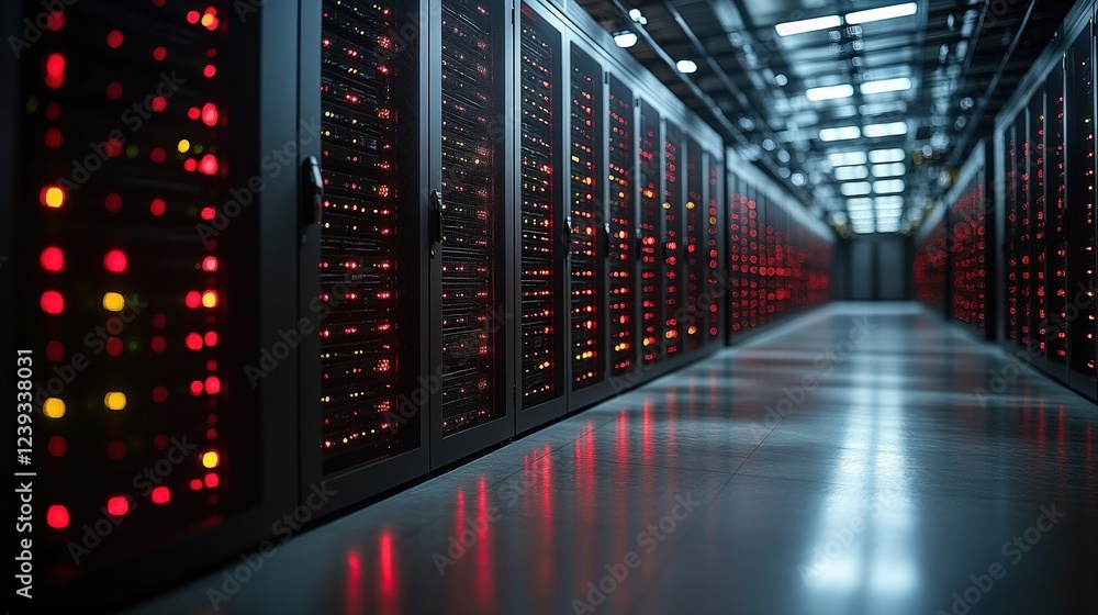Poster interior view of a modern data center with illuminated server racks and reflective floor