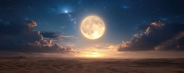 Obraz premium A luminous full moon shines brightly over a serene landscape, casting a tranquil glow across the horizon amidst scattered clouds.