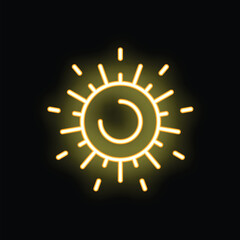 Yellow neon sun shining bright on a black background, perfect for representing summer, heat, and energy