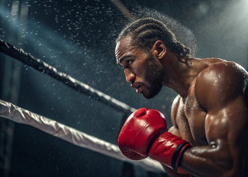 Grande Lutador de Boxe no Ringue suando
