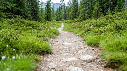 Fototapeta premium Mountain trail through lush forest, wildflowers, hiking