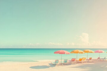 Fototapeta premium Imagine a tranquil summer beach scene adorned with colorful umbrellas dotted along golden sands, where gentle waves kiss the shore, creating an idyllic coastal destination for relaxation and fun