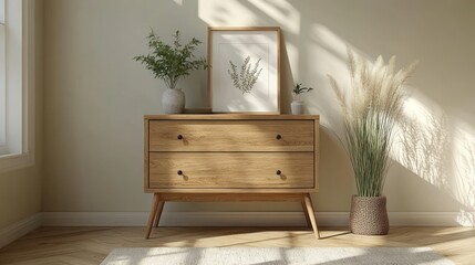 Sunlit room, wooden dresser, plants, decor, interior design