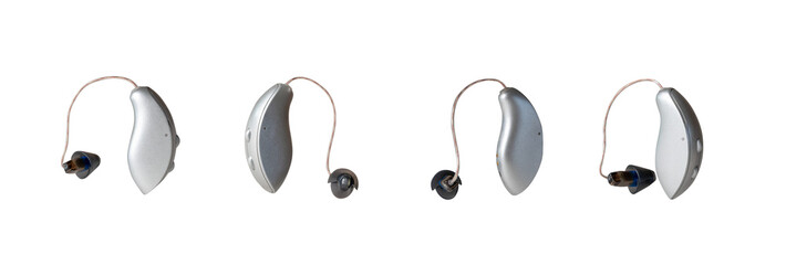 Four modern hearing aid devices displayed on a white background, showcasing various angles and...