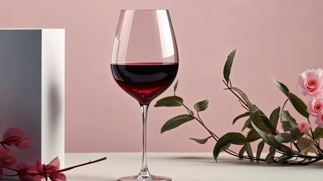 A glass of red wine with white gift box and decoration plants on table.