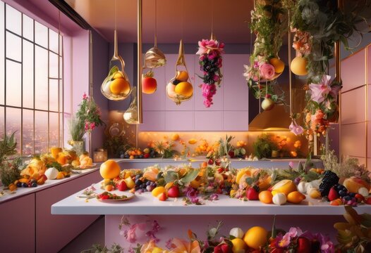 suspended culinary art featuring ingredients defying gravity captivating display visual creativity gastronomic innovation, suspension, gastronomy, design