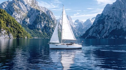 Naklejka premium Sailboat on mountain lake, calm waters, majestic peaks. Travel brochure