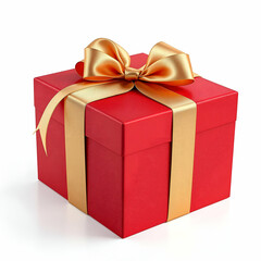 Fototapeta premium Luxurious Red Gift Box with Gold Satin Ribbon on Pure White Background, Perfect for Elegant and High-End Visual Themes