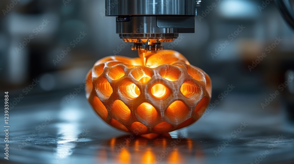 Poster intricate 3d printing process of a honeycomb-patterned object with glowing elements