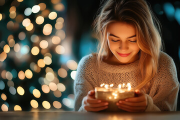 Young woman with warm smile enjoys candles in cozy setting during festive season