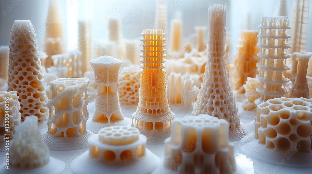 Poster intricate 3d-printed architectural models displayed in a bright studio, showcasing design innovation