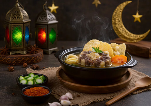 A beautifully arranged serving of Sop Buntut from Indonesia, showcasing tender oxtail and vegetables, embodying indulgence in Ramadan dining.