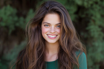 Naklejka premium Portrait of a young woman smiling outdoors with lush greenery in the background