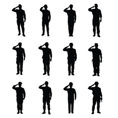 A set of saluting army soldier's vector silhouette  isolated,Soldier silhouettes collection for Veterans Day
