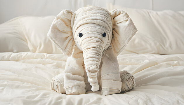 soffice elefantino con il corpo composto di asciugami e stoffa seduto sopra un letto, soft elephant with body made of towels and cloth sitting on a bed