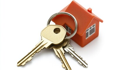 A set of house keys sits beside a miniature house model, representing homeownership and the excitement of moving into a new residence or starting a new life stage