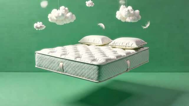 A mattress is suspended in the air with clouds and pillows surrounding it. Concept of comfort and relaxation, as if the mattress is inviting someone to rest and sleep. The arrangement of the clouds