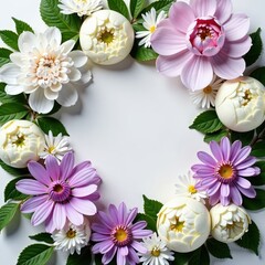 Obraz premium White peony and chrysanthemum arrangement with subtle lilac tones, floral, greenery