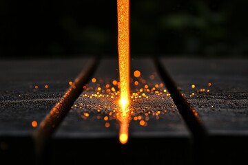Dramatic close-up of a thin stream of molten metal pouring onto a surface, creating a shower of glowing sparks.