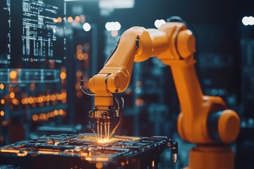 Orange robotic arm performing precision task with computer code display in background of modern factory.