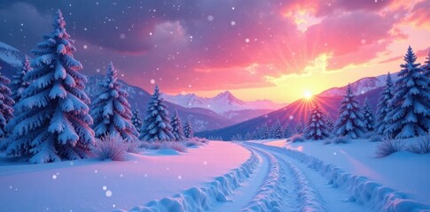 Fototapeta premium Winter landscape with snow falling in shades of blue and purple under sunset hues, winter, serene sky, winter scenery