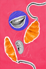 Vertical art creative trend collage of anonym mouth smile tongue lick crisp croissant bun cable french dessert bakery order
