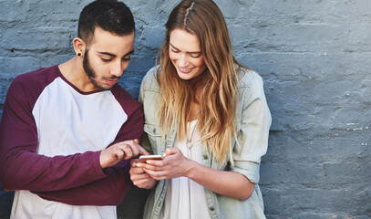 Wall, bonding or friends with phone for gossip, online update or news notification on break in...