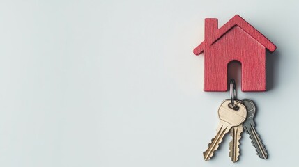 A bright red house shaped keychain is attached to several golden keys on a light gray background, symbolizing home and security. The scene captures a sense of new beginnings
