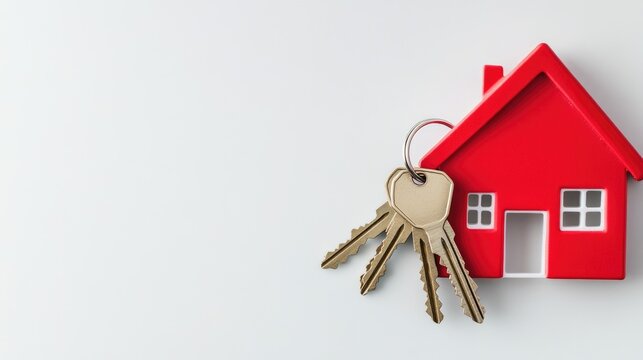 A bright red house model sits on a smooth surface next to a set of three golden keys, symbolizing real estate, home ownership, and new beginnings in housing