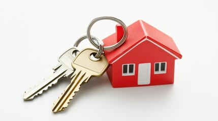 A set of keys rests beside a small red toy house, capturing the essence of home ownership. The simple design and vibrant colors evoke feelings of comfort and security