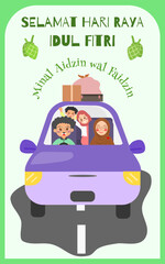 Flat Eid Homecoming Illustration of a Happy Family Traveling in a Car
