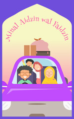 Modern Flat Illustration of Eid Mubarak Family Travel with a Purple Car