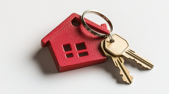 A red house-shaped keychain sits alongside two gold keys, symbolizing homeownership and the excitement of starting a new chapter in life