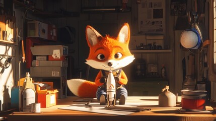 A charming fox character crafting a rocket in a cozy workshop filled with tools and supplies
