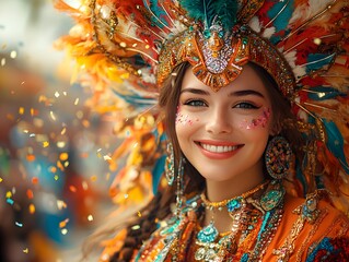 This vibrant parade scene with costumed performers, colorful floats, and confetti embodies celebration. Perfect for promoting festivals, events, or ads aiming to convey joy and positivity.