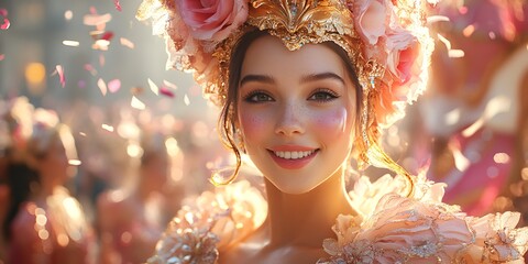 This vibrant parade scene with costumed performers, colorful floats, and confetti embodies celebration. Perfect for promoting festivals, events, or ads aiming to convey joy and positivity.