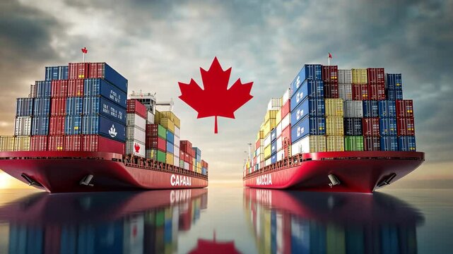 Two large red cargo ships filled with colorful containers sail side by side under a Canadian maple leaf symbol against a cloudy sky, reflecting on calm waters. For trade war or tariff meme.